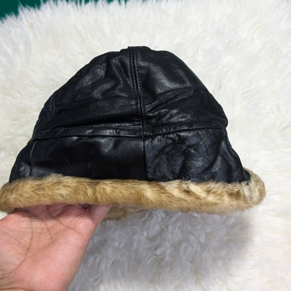 Black Leather Hat with Faux Fur Trim